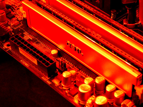 Some RAM chips inside a PC motherboard